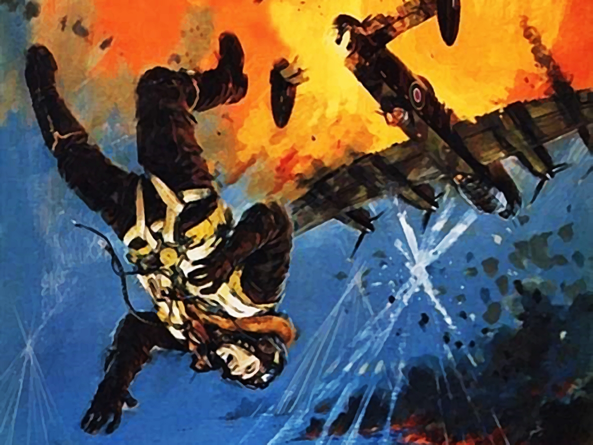 Pintura de un paracaidista cayendo de una avion en llamas