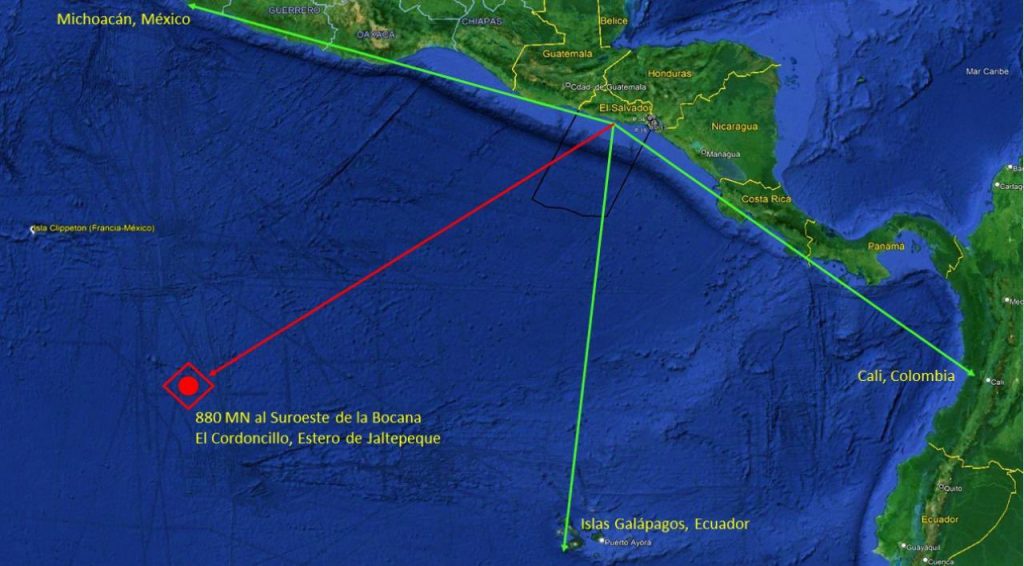 Mapa de operaciones contra el narcotráfico en el océano pacífico, centroamérica y colombia.