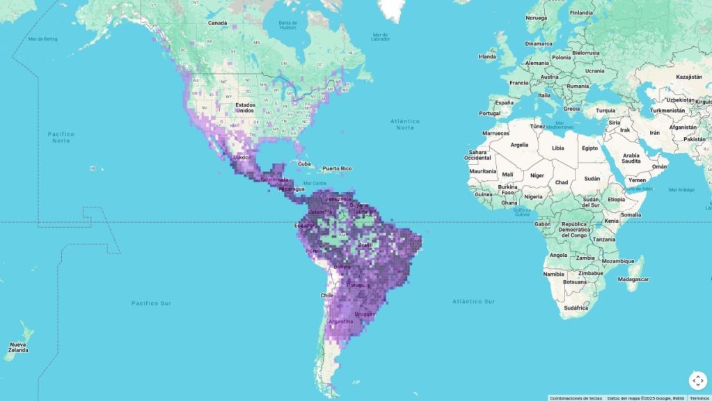 Mapa de distribución del pájaro sirirí en el continente americano.