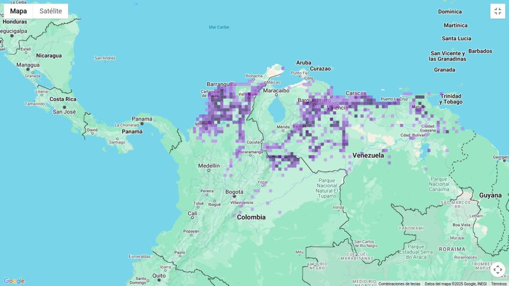 Mapa de distribución del pájaro cucarachero habado en el norte de Suramérica.