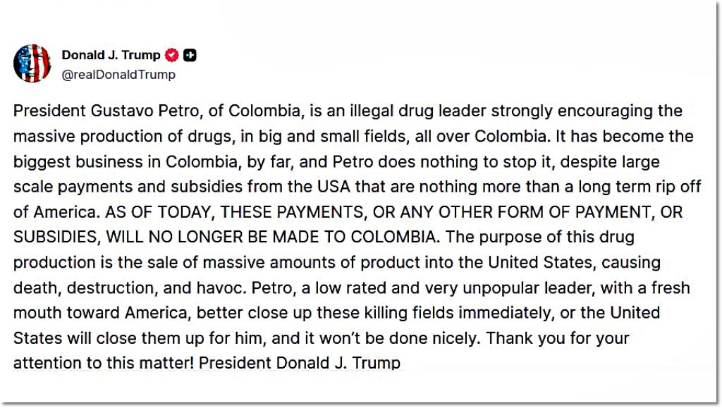 Captura de pantalla de una nota de Donald Trump sobre el presidente colombiano Gustavo Petro, publicada en la red social Truth.