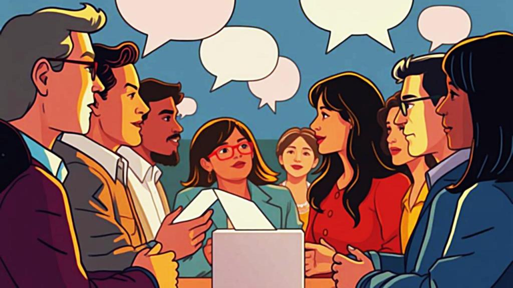 Comic digital de un grupo de personas dialogando en una mesa redonda.