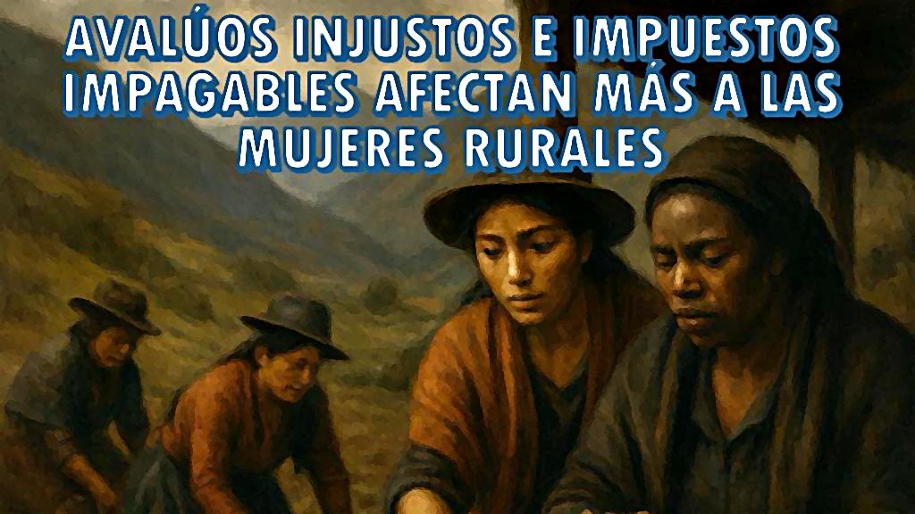Ilustración de mujeres campesinas con la frase "Los impuestos injustos afectan más a las mujeres".